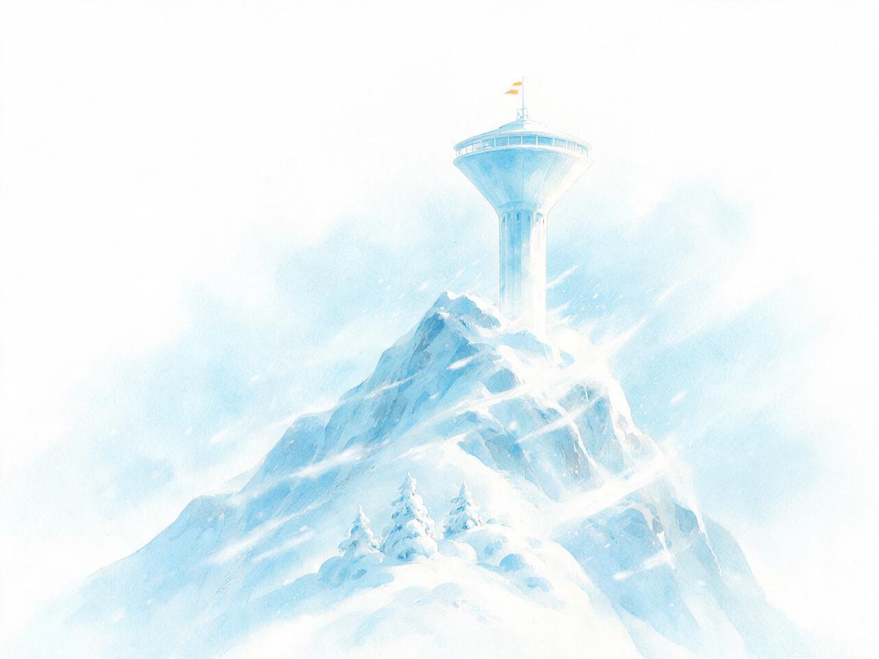 Watercolor illustration of the Yavne water tower on a snowy summit
